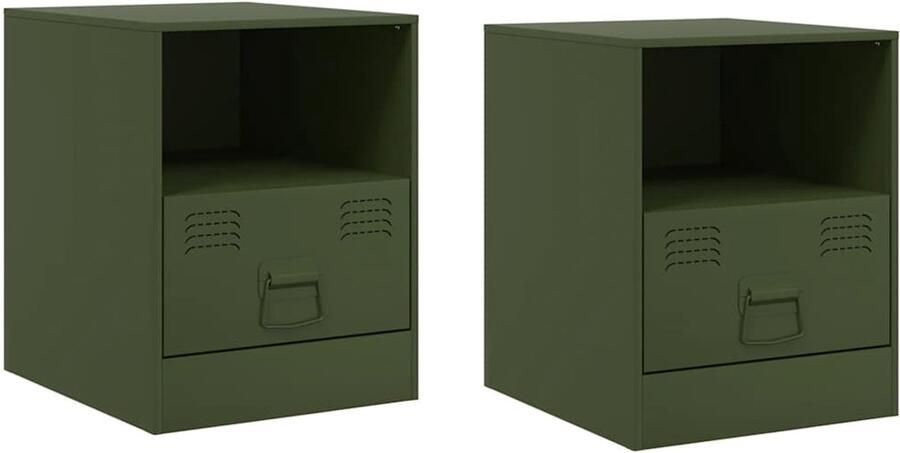 The Living Store Nachtkastjes 2 st 34 5x39x44 cm staal olijfgroen Nachtkastje Nachtkasten Slaapkamers Industrieel Design Modern Design - Foto 2