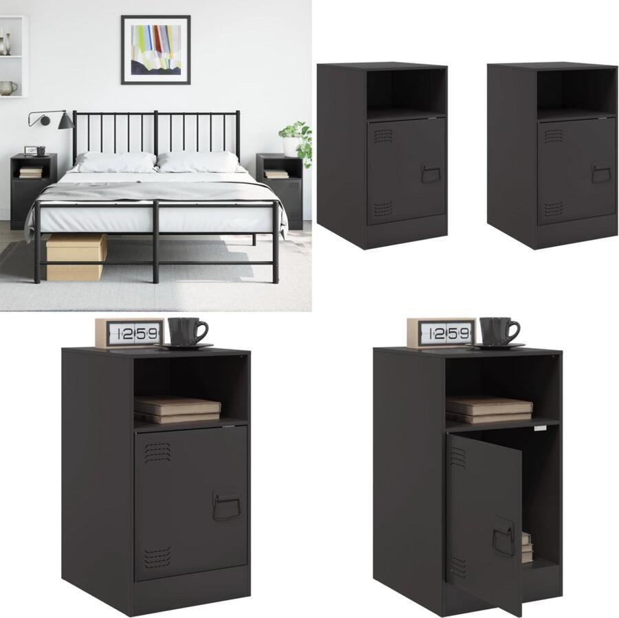 VidaXL Nachtkastjes 2 st 34 5x39x62 cm staal zwart Nachtkastje Nachtkastjes Bijzettafel Wandkastje