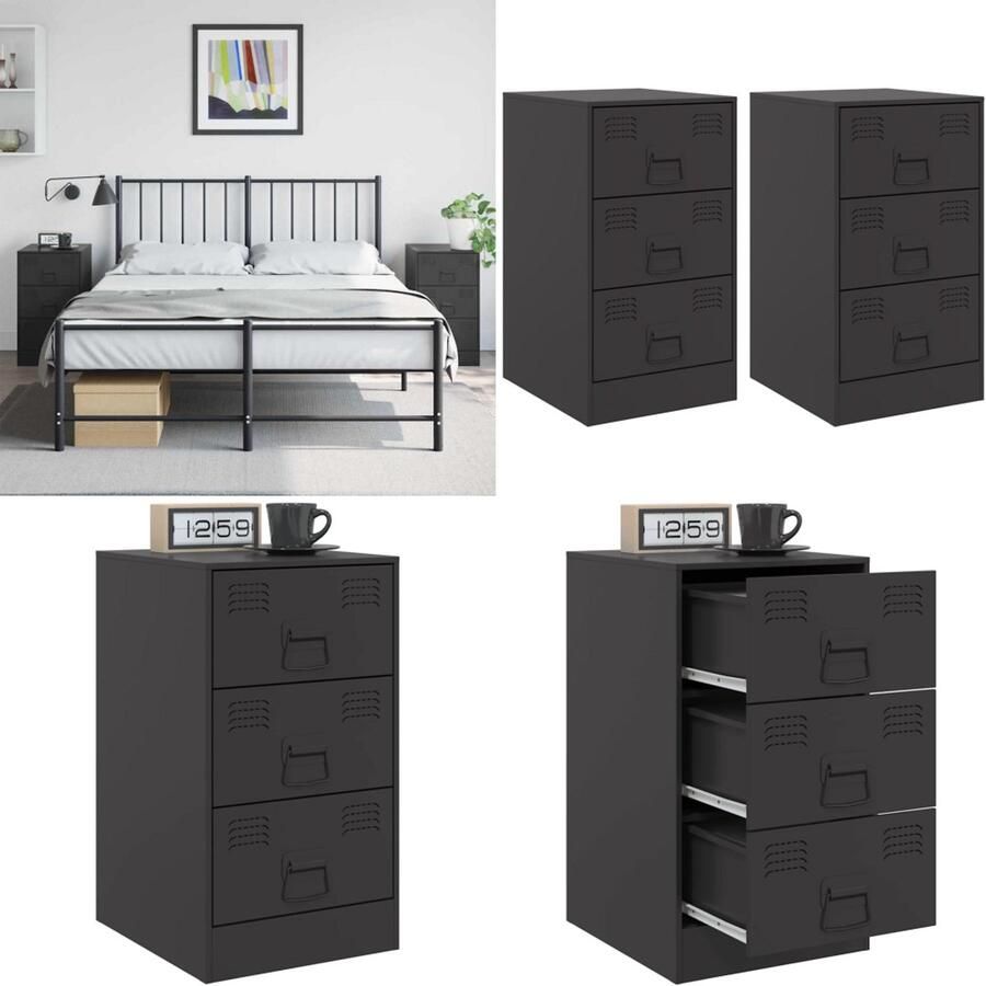 VidaXL Nachtkastjes 2 st 34 5x39x62 cm staal zwart Nachtkastje Nachtkastjes Bijzettafel Wandkastje