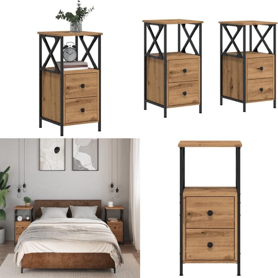 VidaXL Nachtkastjes 2 st 34x35 5x70 cm bewerkt hout artisanaal eiken Nachtkastje Nachtkastjes Bijzettafel Wandkastje