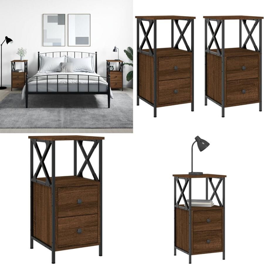 VidaXL Nachtkastjes 2 st 34x35 5x70 cm bewerkt hout bruin eikenkleur Nachtkastje Nachtkastjes Kast Slaapkamermeubel