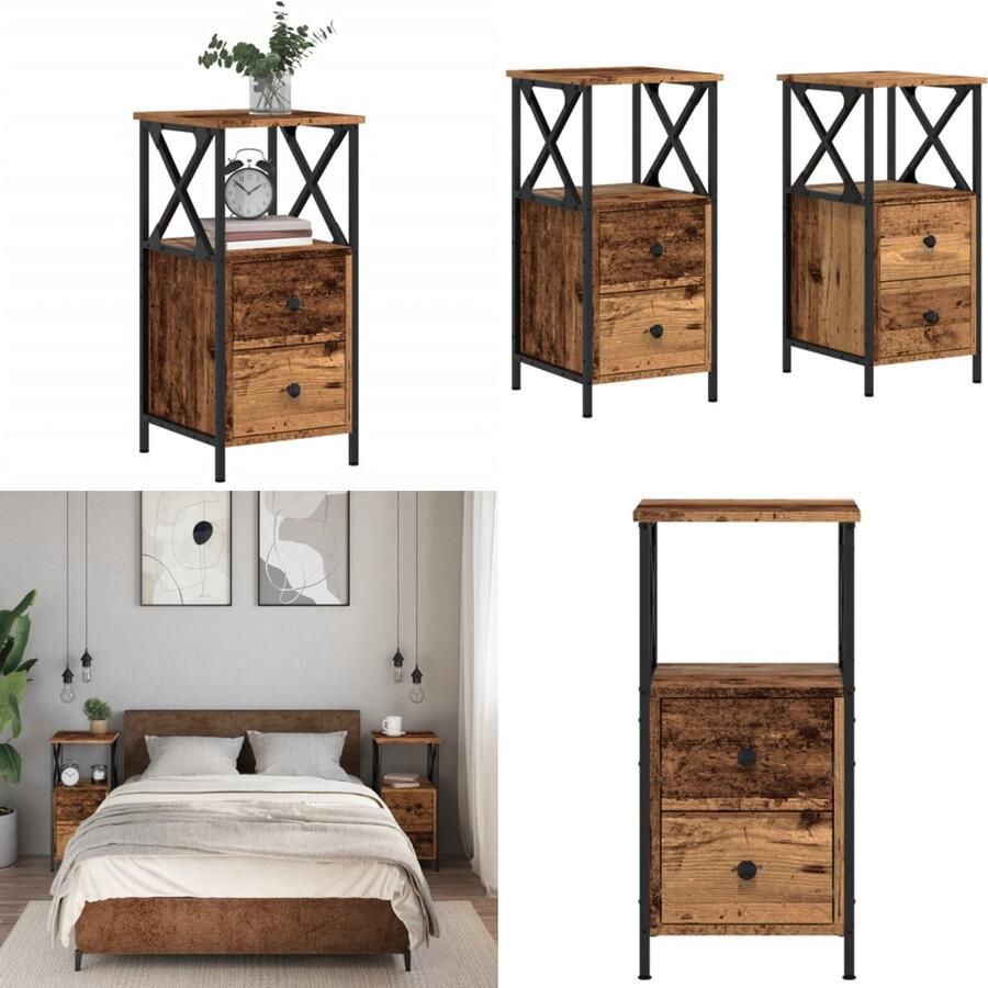VidaXL Nachtkastjes 2 st 34x35 5x70 cm bewerkt hout oud houtkleurig Nachtkastje Nachtkastjes Bijzettafel Wandkastje