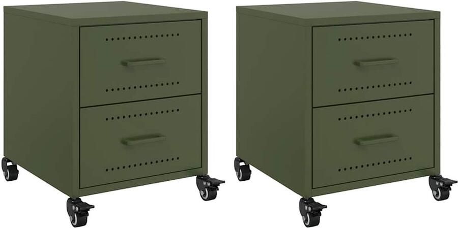 VidaXL Nachtkastjes Staal Olijfgroen 2 stuks Nachtkastje Nachtkastjes Bijzettafel Wandkastje - Foto 3