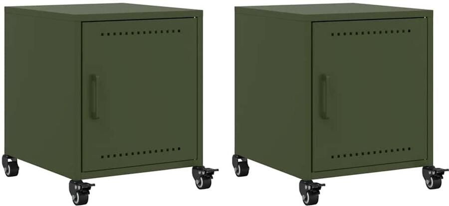 VidaXL Nachtkastjes Set van 2 Staal Olijfgroen Nachtkastje Nachtkastjes Bijzettafel Wandkastje - Foto 2