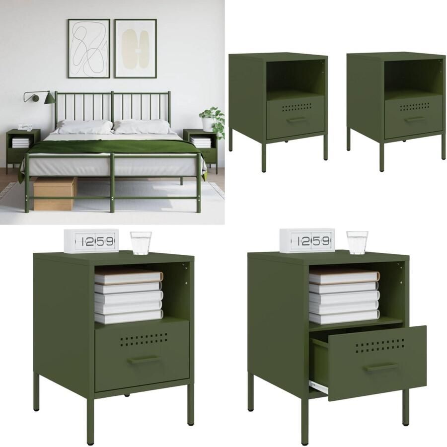 VidaXL Nachtkastjes 2 st 36x39x50 5 cm staal olijfgroen Nachtkastje Nachtkastjes Bijzettafel Wandkastje
