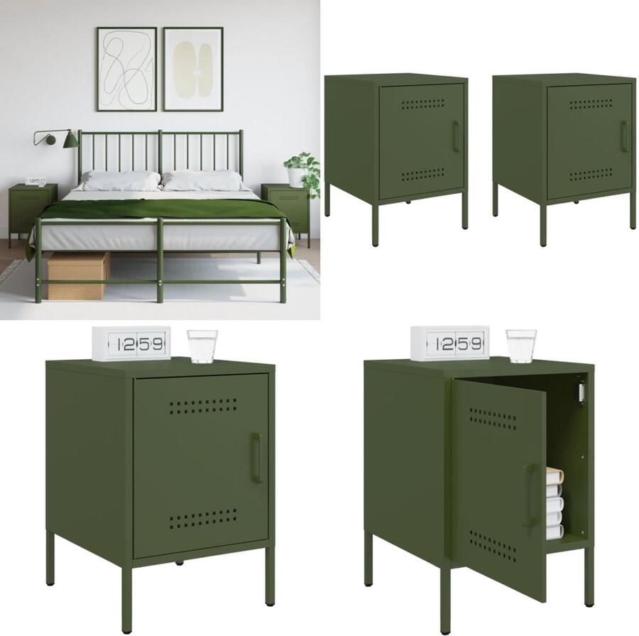 VidaXL Nachtkastjes 2 st 36x39x50 5 cm staal olijfgroen Nachtkastje Nachtkastjes Bijzettafel Wandkastje