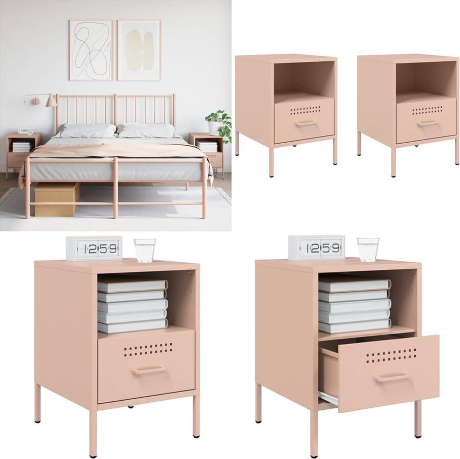 VidaXL Nachtkastjes 2 st 36x39x50 5 cm staal roze Nachtkastje Nachtkastjes Bijzettafel Wandkastje