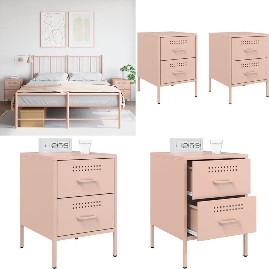 VidaXL Nachtkastjes 2 st 36x39x50 5 cm staal roze Nachtkastje Nachtkastjes Bijzettafel Wandkastje