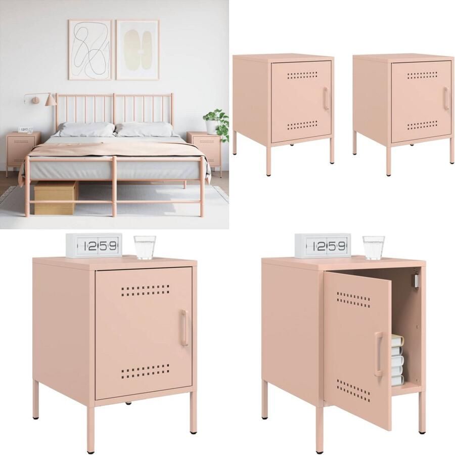 VidaXL Nachtkastjes 2 st 36x39x50 5 cm staal roze Nachtkastje Nachtkastjes Bijzettafel Wandkastje