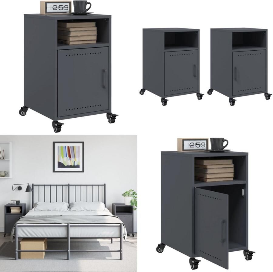 VidaXL Nachtkastjes 2 st 36x39x59 cm staal antracietkleurig Nachtkastje Nachtkastjes Bijzettafel Wandkastje