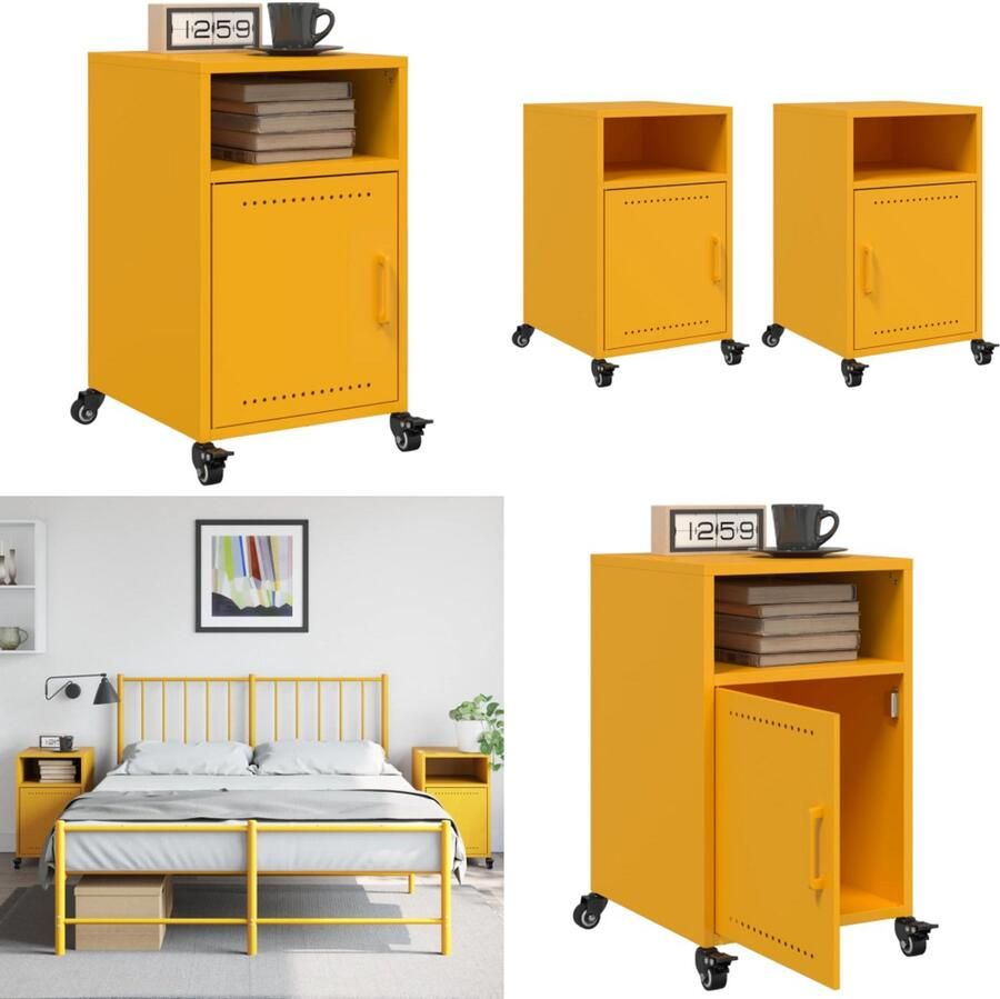 VidaXL Nachtkastjes 2 st 36x39x59 cm staal mosterdgeel Nachtkastje Nachtkastjes Bijzettafel Wandkastje