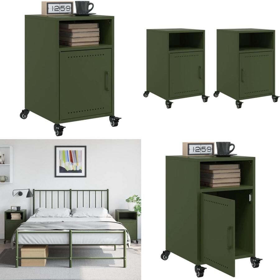 VidaXL Nachtkastjes 2 st 36x39x59 cm staal olijfgroen Nachtkastje Nachtkastjes Bijzettafel Wandkastje