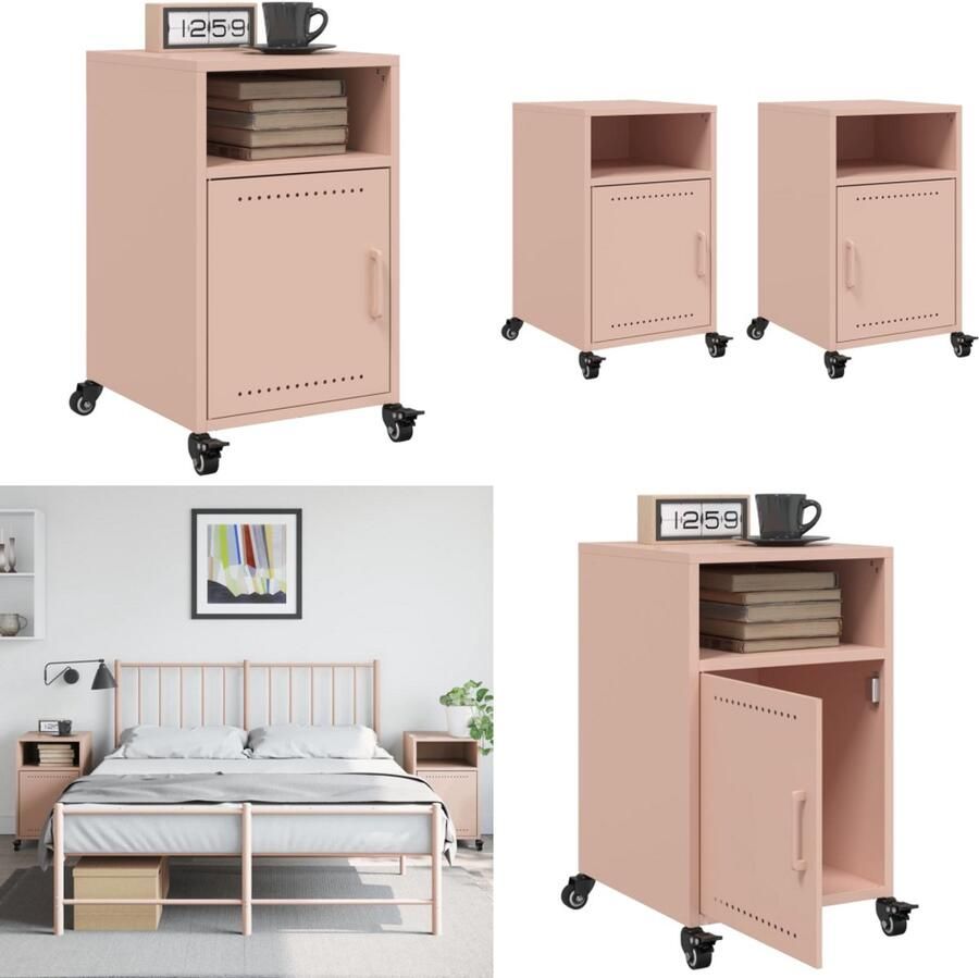 VidaXL Nachtkastjes 2 st 36x39x59 cm staal roze Nachtkastje Nachtkastjes Bijzettafel Wandkastje