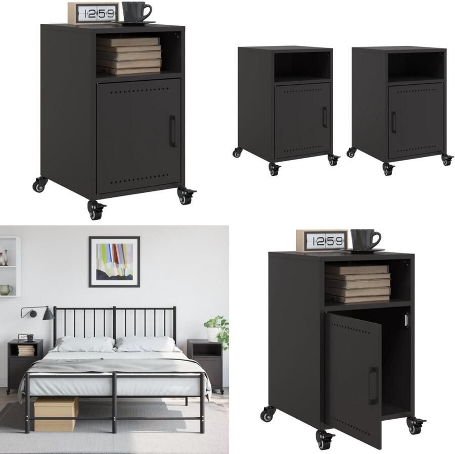 VidaXL Nachtkastjes 2 st 36x39x59 cm staal zwart Nachtkastje Nachtkastjes Bijzettafel Wandkastje