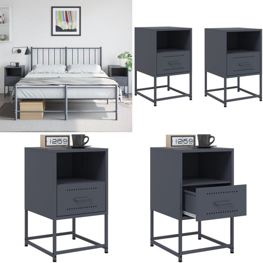 VidaXL Nachtkastjes 2 st 36x39x60 5 cm staal antracietkleurig Nachtkastje Nachtkastjes Bijzettafel Wandkastje