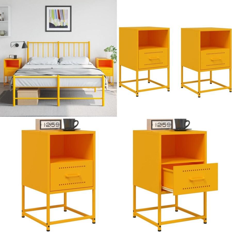 VidaXL Nachtkastjes 2 st 36x39x60 5 cm staal mosterdgeel Nachtkastje Nachtkastjes Bijzettafel Wandkastje
