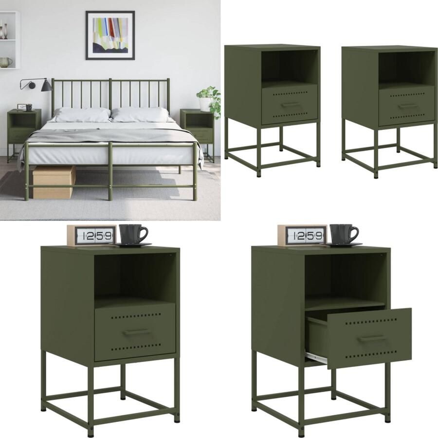 VidaXL Nachtkastjes 2 st 36x39x60 5 cm staal olijfgroen Nachtkastje Nachtkastjes Bijzettafel Wandkastje