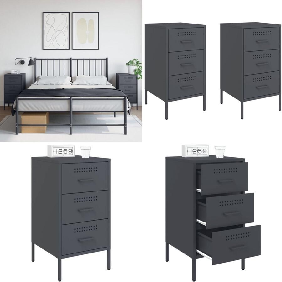 VidaXL Nachtkastjes 2 st 36x39x68 cm staal antracietkleurig Nachtkastje Nachtkastjes Bijzettafel Wandkastje