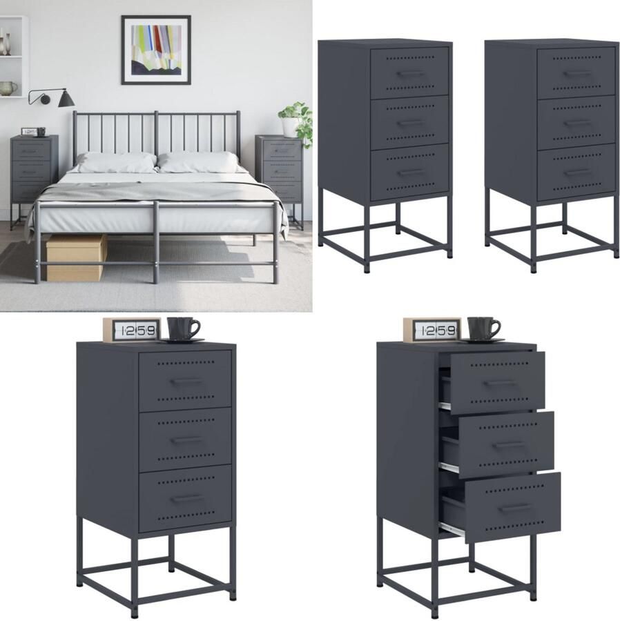 VidaXL Nachtkastjes 2 st 36x39x78 cm staal antracietkleurig Nachtkastje Nachtkastjes Bijzettafel Wandkastje