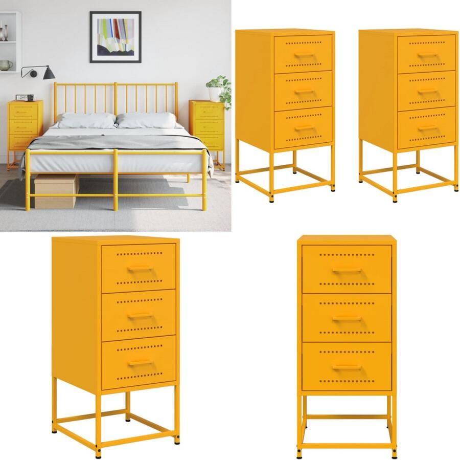 VidaXL Nachtkastjes 2 st 36x39x78 cm staal mosterdgeel Nachtkastje Nachtkastjes Bijzettafel Wandkastje