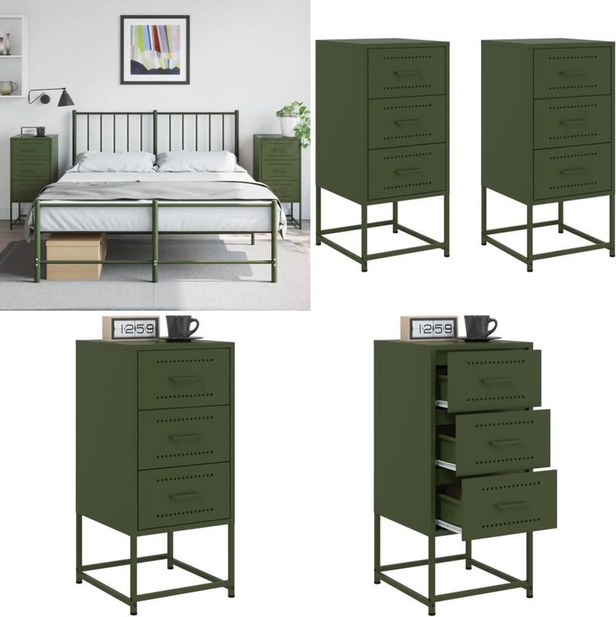 VidaXL Nachtkastjes 2 st 36x39x78 cm staal olijfgroen Nachtkastje Nachtkastjes Bijzettafel Wandkastje