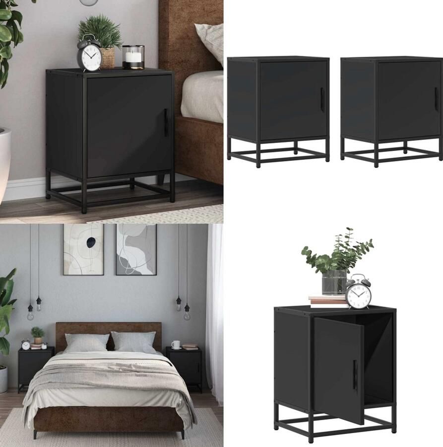 VidaXL Nachtkastjes 2 st 40x31x50 cm bewerkt hout en metaal zwart Nachtkastje Nachtkastjes Bijzettafel Wandkastje
