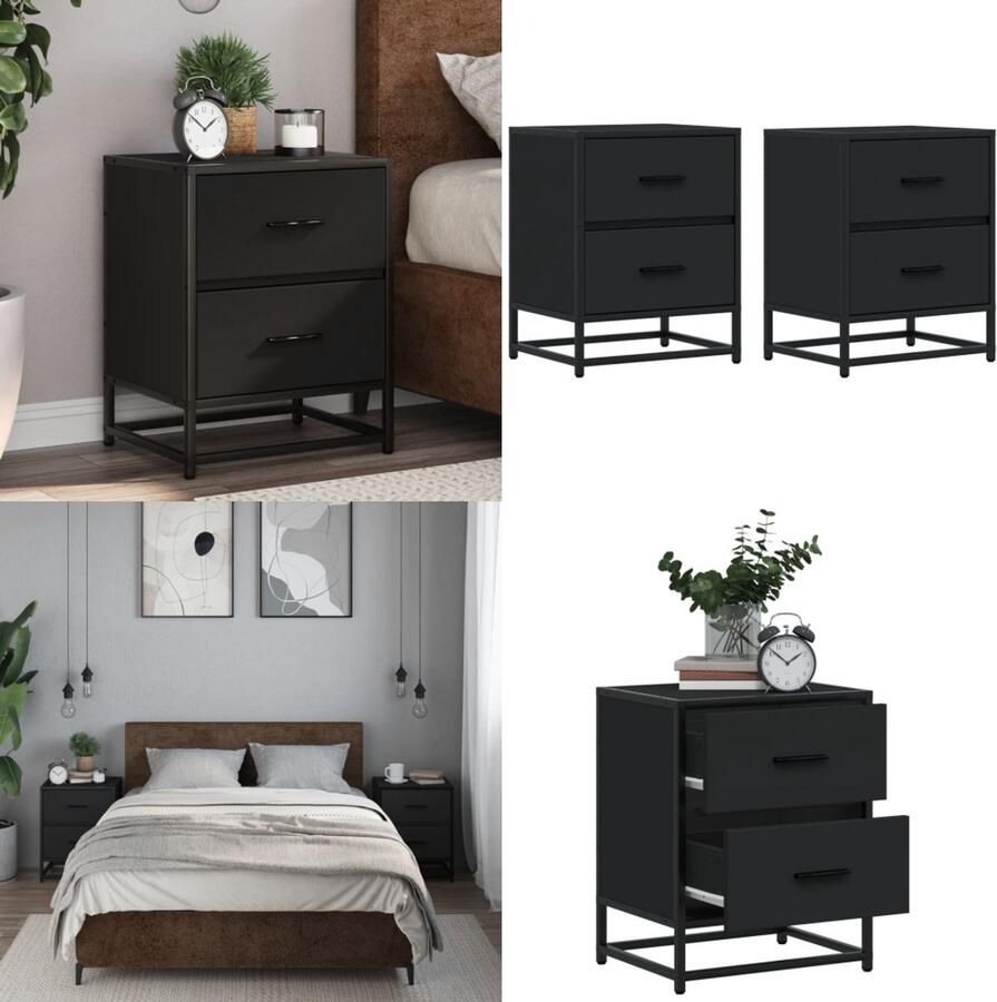 VidaXL Nachtkastjes 2 st 40x31x50 cm bewerkt hout zwart Nachtkastje Nachtkastjes Bijzettafel Wandkastje