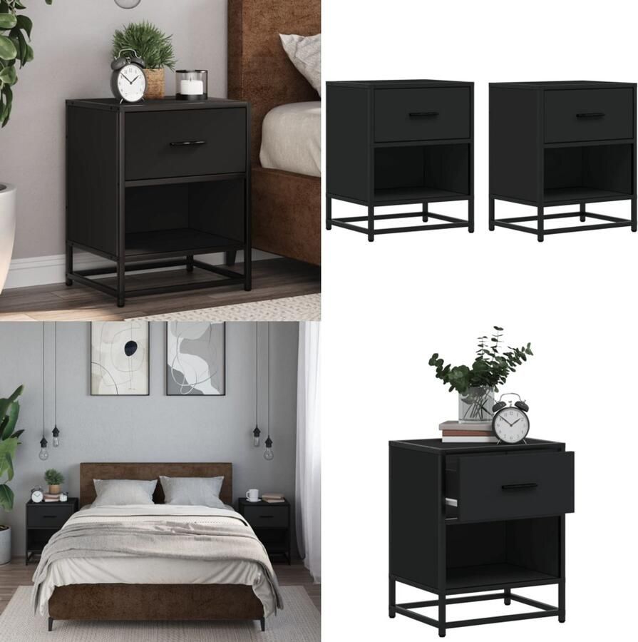 VidaXL Nachtkastjes 2 st 40x31x50 cm bewerkt hout zwart Nachtkastje Nachtkastjes Bijzettafel Wandkastje