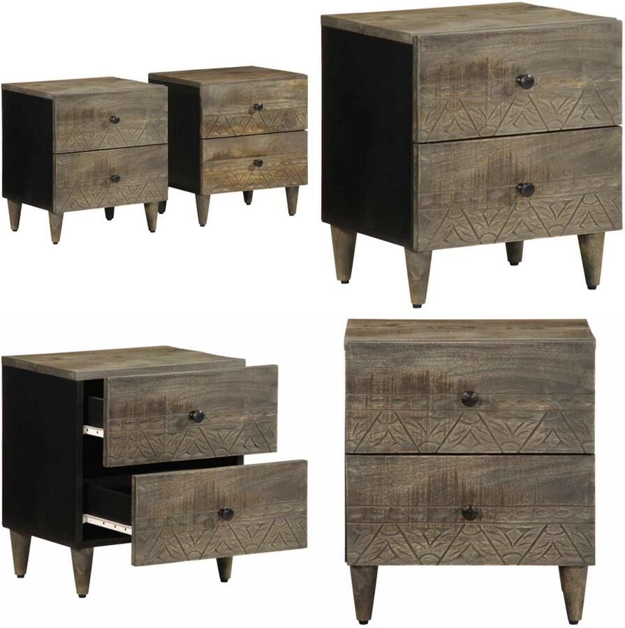 VidaXL Nachtkastjes 2 st 40x33x46 cm massief mangohout lichtgrijs Nachtkastje Nachtkastjes Bijzettafel Wandkastje