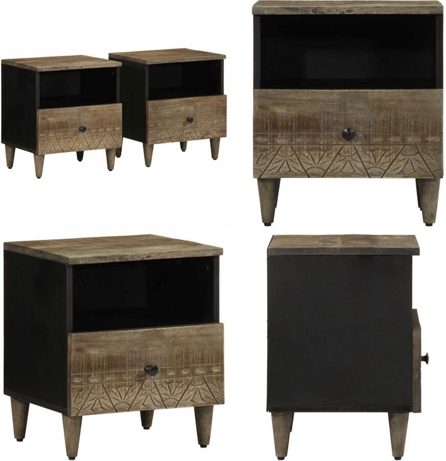 VidaXL Nachtkastjes 2 st 40x33x46 cm massief mangohout lichtgrijs Nachtkastje Nachtkastjes Bijzettafel Wandkastje