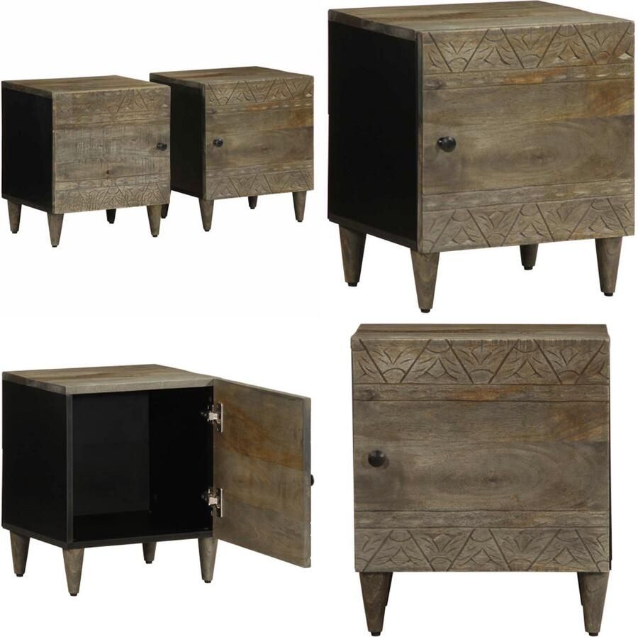 VidaXL Nachtkastjes 2 st 40x33x46 cm massief mangohout lichtgrijs Nachtkastje Nachtkastjes Bijzettafel Wandkastje