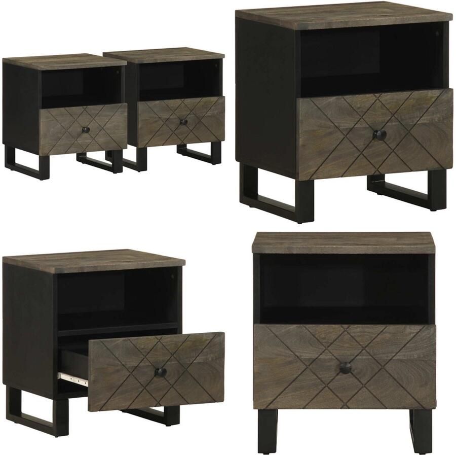 VidaXL Nachtkastjes 2 st 40x33x46 cm massief mangohout zwart Nachtkastje Nachtkastjes Bijzettafel Wandkastje