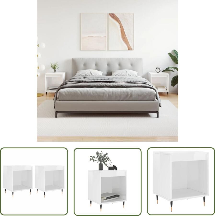 The Living Store Nachtkastjes 2 st 40x35x50 cm bewerkt hout hoogglans wit Nachtkastjes Nachtkast Meubel Woonkamer Slaapkamer - Foto 2