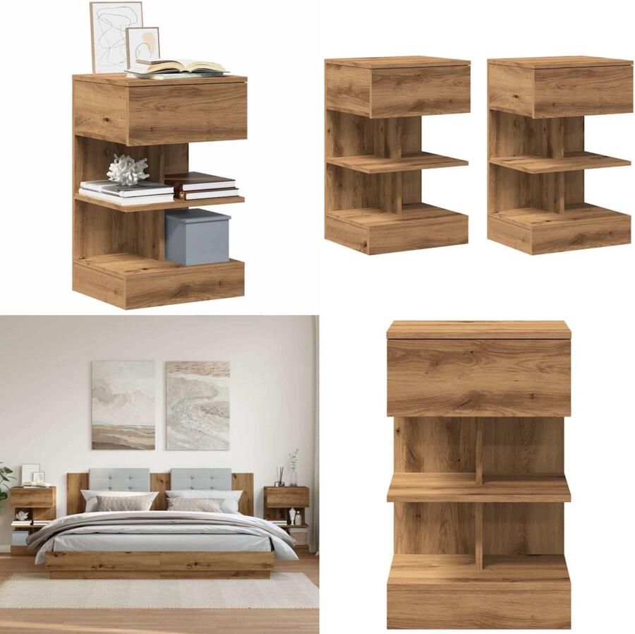 VidaXL Nachtkastjes 2 st 40x35x65 cm bewerkt hout artisanaal eiken Nachtkastje Nachtkastjes Bijzettafel Wandkastje