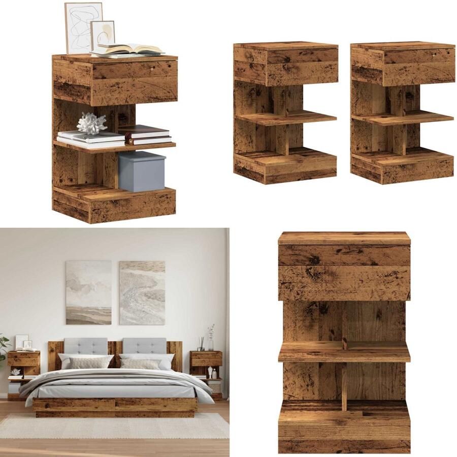 VidaXL Nachtkastjes 2 st 40x35x65 cm bewerkt hout oud houtkleurig Nachtkastje Nachtkastjes Bijzettafel Wandkastje