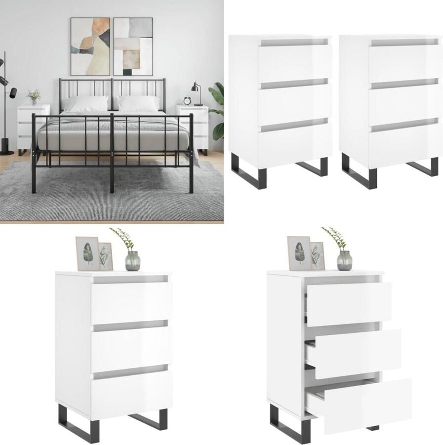 VidaXL Nachtkastjes 2 st 40x35x69 cm bewerkt hout hoogglans wit Nachtkastje Nachtkastjes Bijzettafel Wandkastje