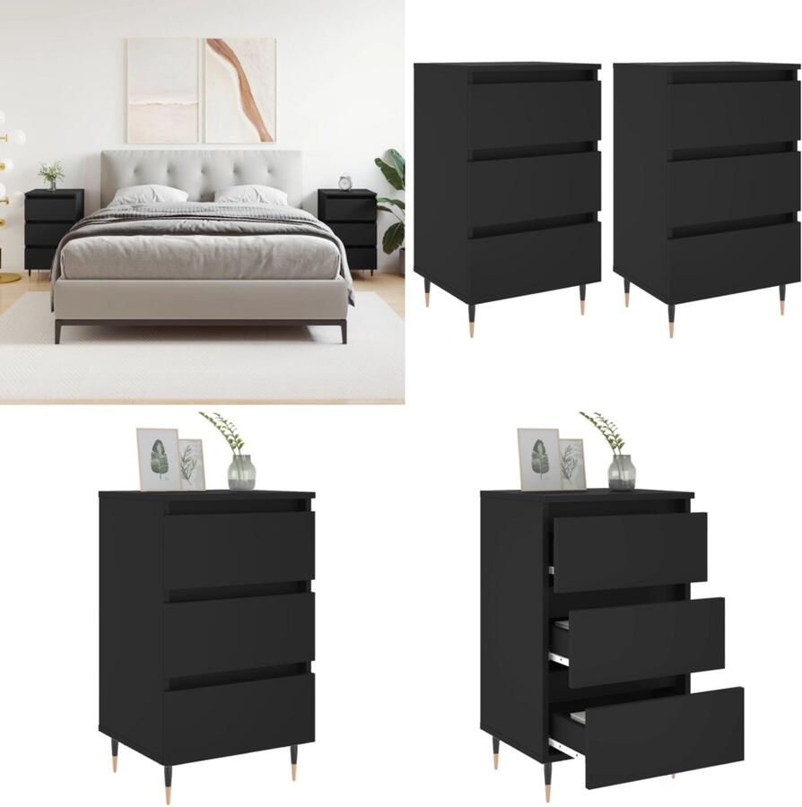 VidaXL Nachtkastjes 2 st 40x35x69 cm bewerkt hout zwart Nachtkastje Nachtkastjes Bijzettafel Wandkastje