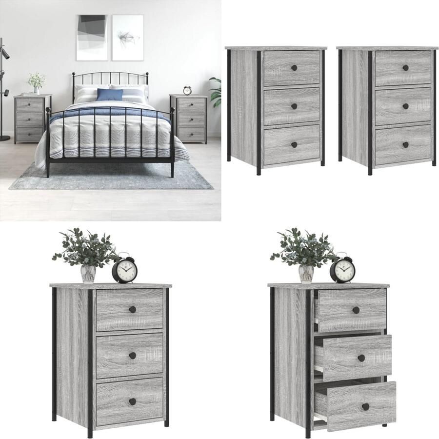 VidaXL Nachtkastjes 2 st 40x36x60 cm bewerkt hout grijs sonoma eiken Nachtkastje Nachtkastjes Kast Slaapkamermeubel