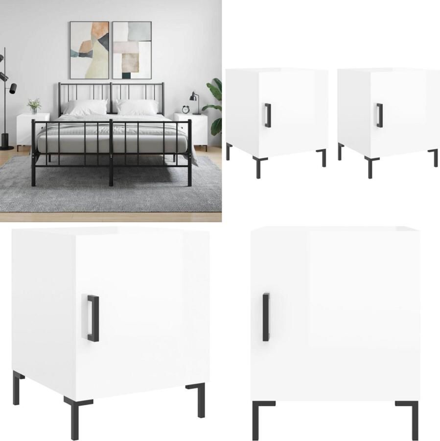 VidaXL Nachtkastjes 2 st 40x40x50 cm bewerkt hout hoogglans wit Nachtkastje Nachtkastjes Bijzettafel Wandkastje