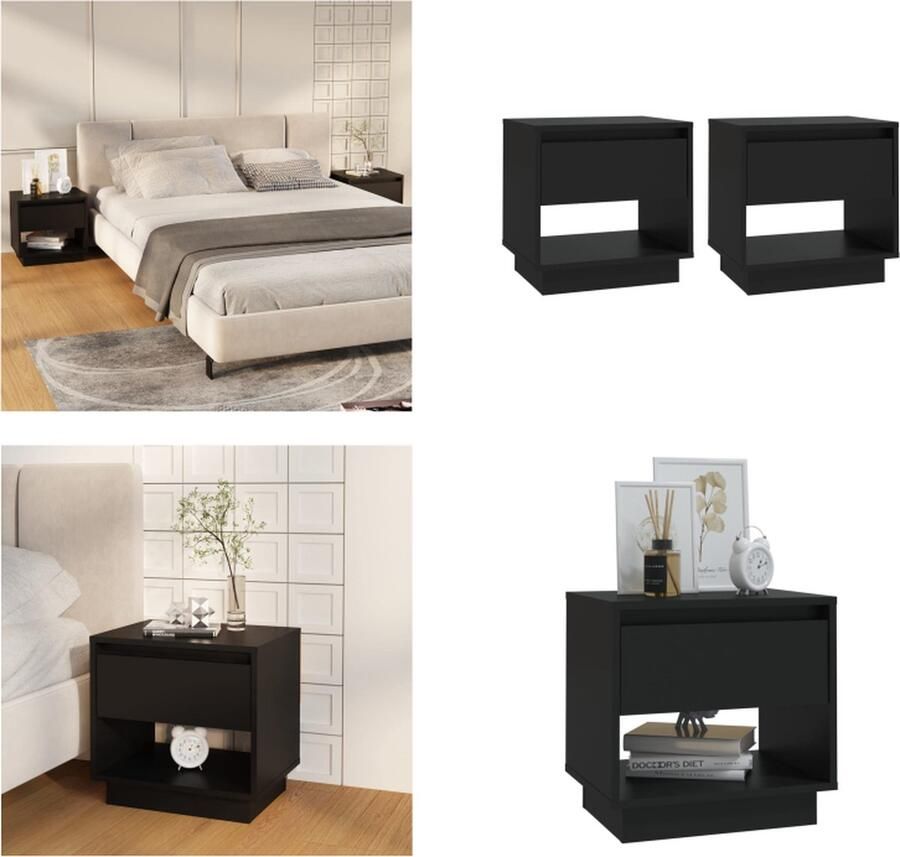VidaXL Nachtkastjes 2 st 45x34x44 cm bewerkt hout zwart Nachtkastje Nachtkastjes Kastje Bedkastje