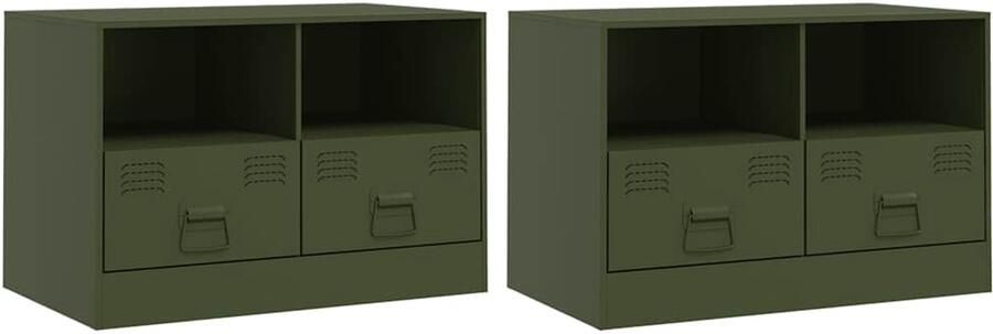 The Living Store Nachtkastjes 2 st 67x39x44 cm staal olijfgroen Tv-kast Tv-meubel Salontafel Industriële Meubels Olijfgroot - Foto 3