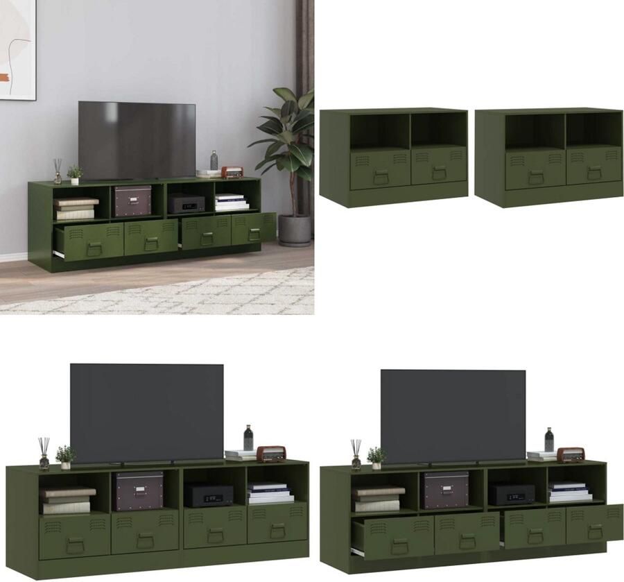 The Living Store Nachtkastjes 2 st 67x39x44 cm staal olijfgroen Tv-kast Tv-meubel Salontafel Industriële Meubels Olijfgroot - Foto 2
