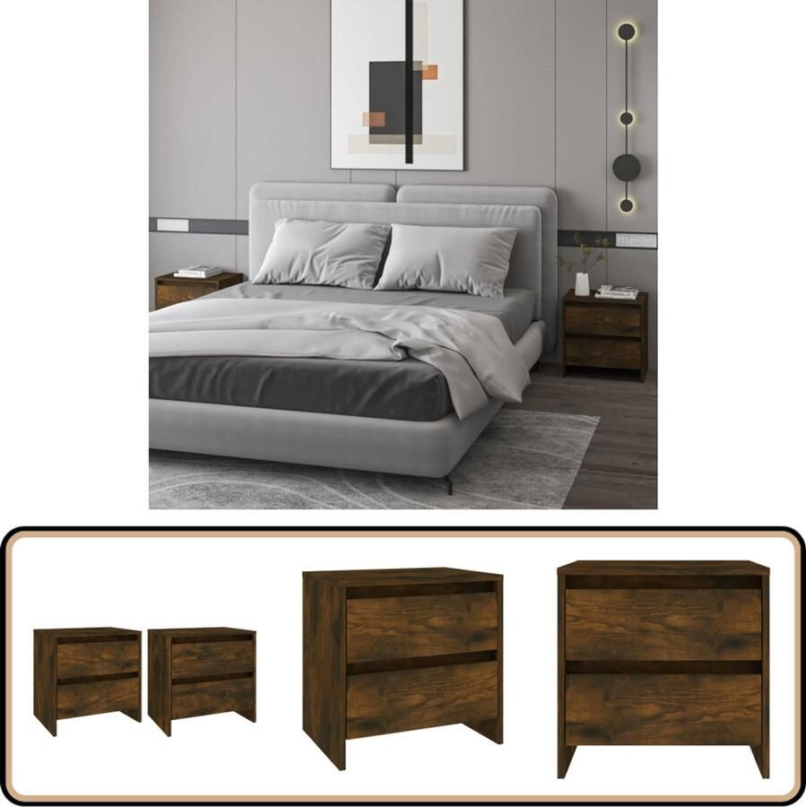 VidaXL Nachtkastjes 2 st Gerookt Eiken Design Nachtkastje Bedkasts Kamermeubilair Houten Meubels Bruine Meubelen - Foto 2