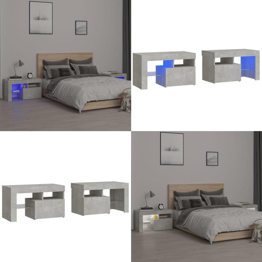 VidaXL Nachtkastjes 2 st LED-verlichting 70x36 5x40 cm betongrijs Nachtkastje Nachtkastjes Houten Nachtkastje Slaapkamerkast