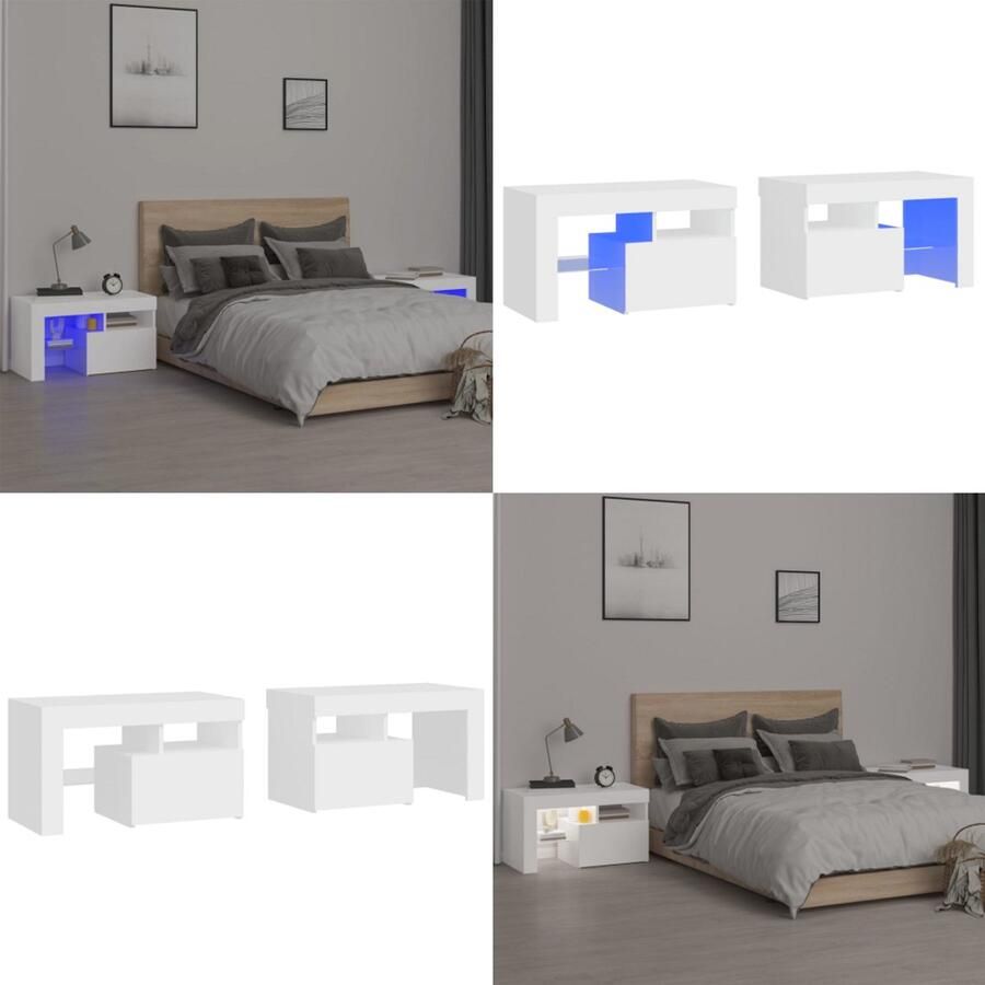 VidaXL Nachtkastjes 2 st LED-verlichting 70x36 5x40 cm wit Nachtkastje Nachtkastjes Slaapkamerkast Nachttafeltje