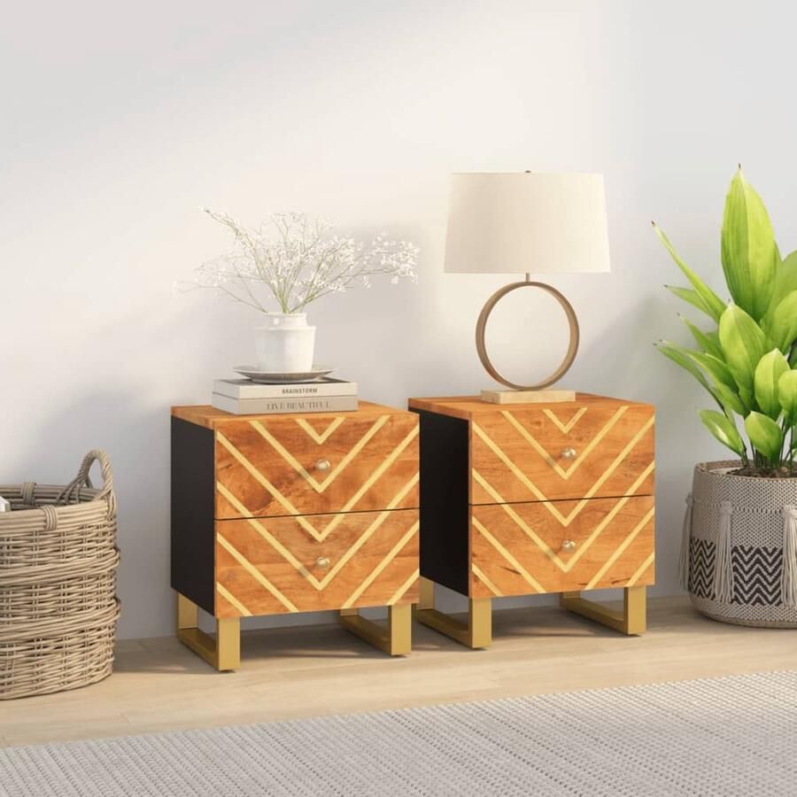 VidaXL Nachtkastjes 2 st Mangohout Bruin Zwart Nachtkastje Bedkast Mango Wood Houten Kast Salontafel Kamerdecoratie Slaapkamersfeer Vintage Stijl Industriële Stijl Modern Design Bruine Kast Zwarte Details - Foto 2