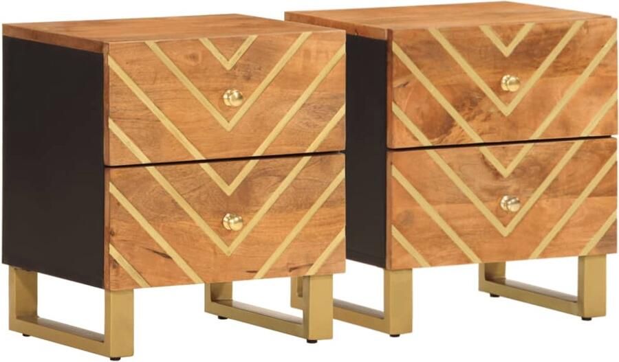 VidaXL Nachtkastjes 2 st Mangohout Bruin Zwart Nachtkastje Bedkast Mango Wood Houten Kast Salontafel Kamerdecoratie Slaapkamersfeer Vintage Stijl Industriële Stijl Modern Design Bruine Kast Zwarte Details