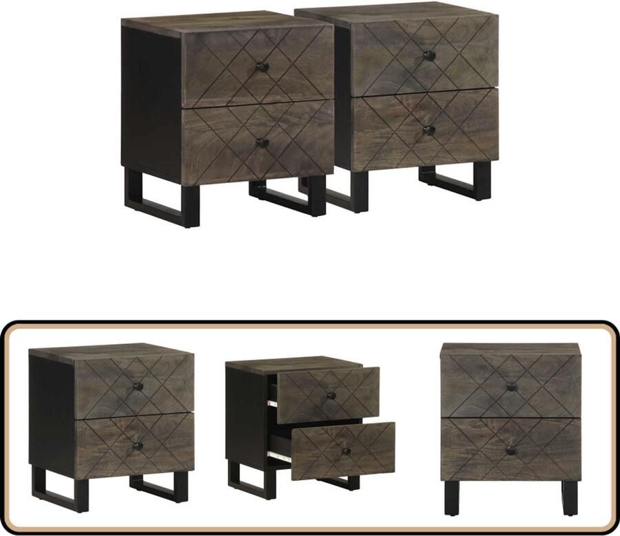 VidaXL Nachtkastjes 2 st Mangohout Zwart 40x33x46 cm Nachtkastje Slaapkamermeubel Mango Wood Meubilair Zwarte Nachtkastjes Industrieel Nachtlampje
