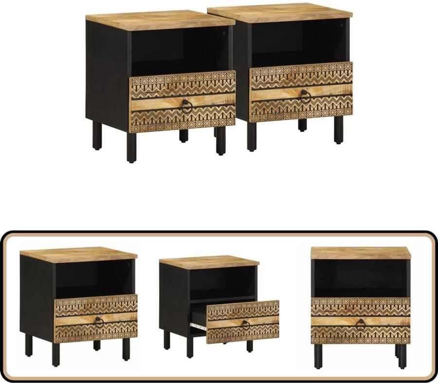 VidaXL Nachtkastjes 2 st Mangohout Zwart 40x33x46cm Nachtkastjes Industrieel Meubilair Mango Hout Zwarte Kast Slaapkamerstijl