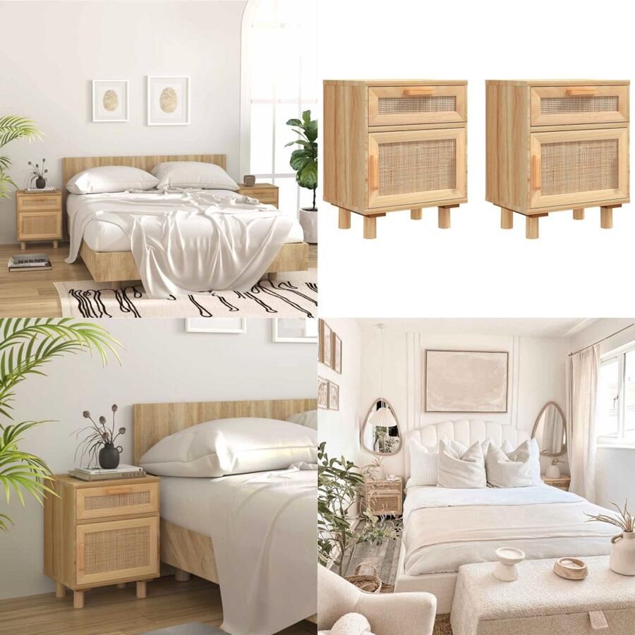 VidaXL Nachtkastjes 2 st massief grenenhout en natuurlijk rattan bruin Nachtkastje Nachtkastjes Houten Nachtkastje Houten Nachtkastjes